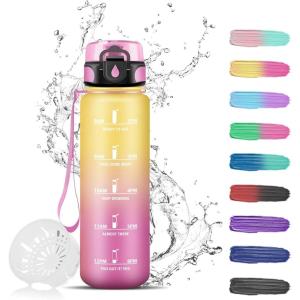 Gourde Motivation 1,5l, Gourde Sport avec Filtre, Bouteille d&rsquo;eau anti Fuite, Bouteille avec Slogan de Motivation, Facile à Nettoyer, Bouteille d&rsquo;eau pour Running, Randonnée(Jaune-rose)