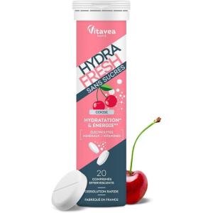 HydraFresh – Pastilles hydratation Effervescentes – Magnésium, Électrolytes, Calcium, Vitamines C et B – Complément alimentaire énergie saveur Cerise – Sans Sucres – Fabriqué en France(Cerise)