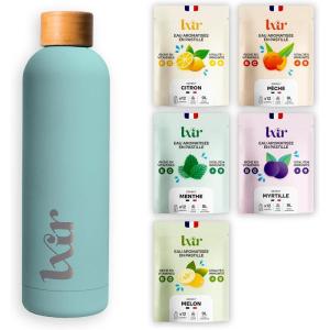 LXIR DRINK – Eau aromatisée en pastille sans sucre – Boisson multivitamines – Riche en vitamines C et B – Hydratation quotidienne – Beauté de la peau – Vitalité – 60 unités – 5 saveurs + 1 gourde ROSE(Gourde Bleu)