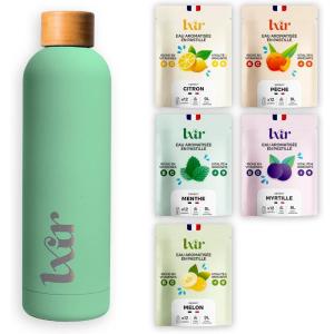LXIR DRINK – Eau aromatisée en pastille sans sucre – Boisson multivitamines – Riche en vitamines C et B – Hydratation quotidienne – Beauté de la peau – Vitalité – 60 unités – 5 saveurs + 1 gourde ROSE(Gourde Vert)