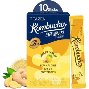 TEAZEN – Kombucha Berry – Boisson instantanée au thé probiotique – 10 sachets – Sans sucre, Végan, Faible en calories – Préparation pour boisson Coréenne avec prébiotiques(Gingembre citron)
