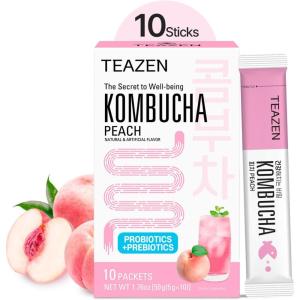 TEAZEN – Kombucha Berry – Boisson instantanée au thé probiotique – 10 sachets – Sans sucre, Végan, Faible en calories – Préparation pour boisson Coréenne avec prébiotiques(Pêche)
