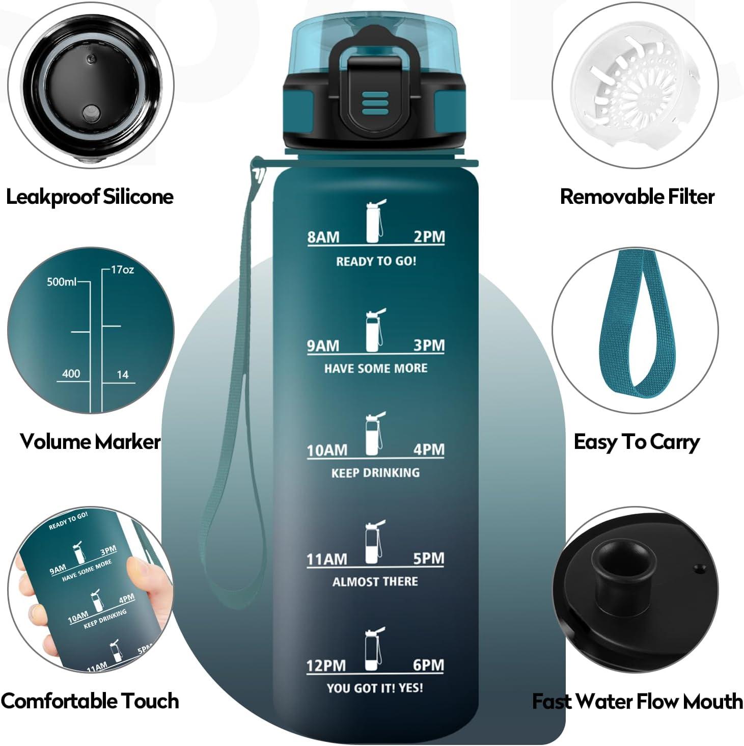 imageBouteille deau Sport 1L Gourde Marqueur de Temps Gourde avec Filtre Bouteille de Motivation tanche ampamp Rutilisable pour Randonne Cyclisme Bureau Extrieur Camping Randonne Yoga17oz500ml Vert Foncgris