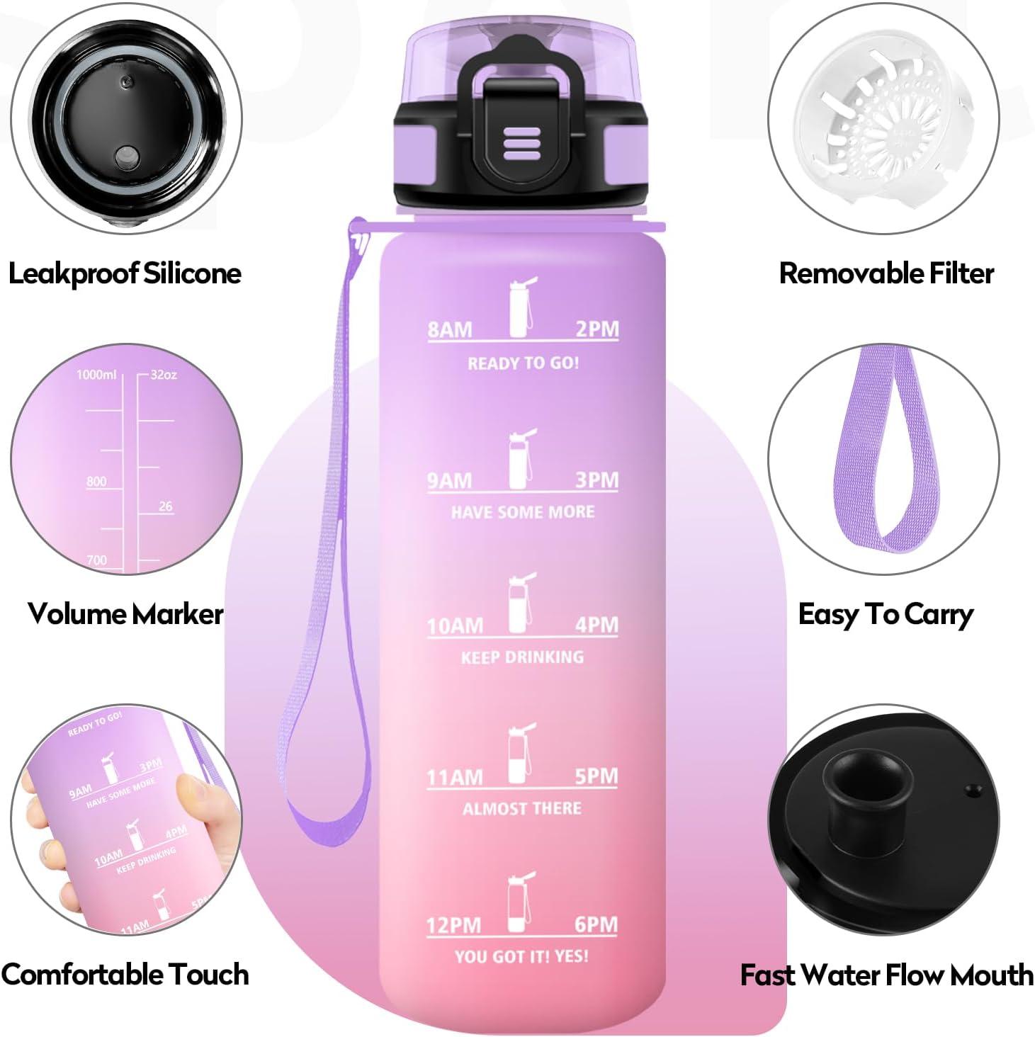 imageBouteille deau Sport 1L Gourde Marqueur de Temps Gourde avec Filtre Bouteille de Motivation tanche ampamp Rutilisable pour Randonne Cyclisme Bureau Extrieur Camping Randonne Yoga32oz1000ml Violet Plerose Ple