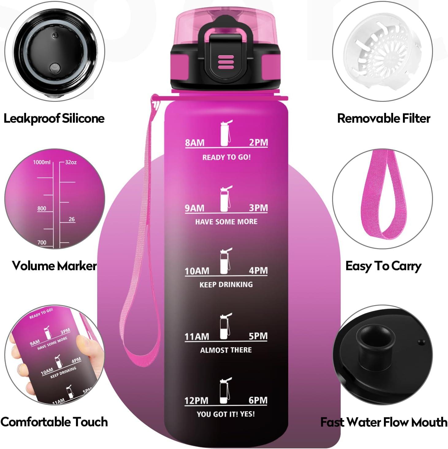 imageBouteille deau Sport 1L Gourde Marqueur de Temps Gourde avec Filtre Bouteille de Motivation tanche ampamp Rutilisable pour Randonne Cyclisme Bureau Extrieur Camping Randonne Yoga32oz1000ml Violet Rougenoir