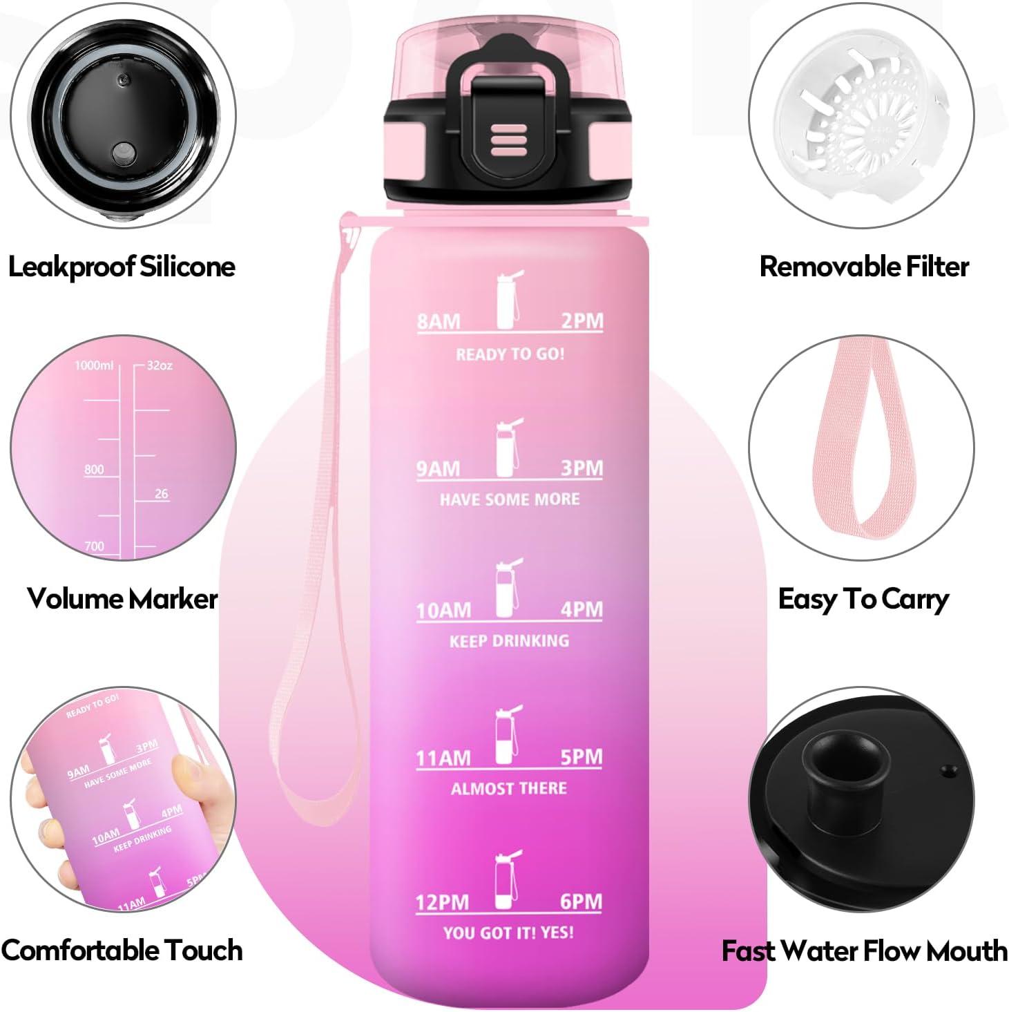 imageBouteille deau Sport 1L Gourde Marqueur de Temps Gourde avec Filtre Bouteille de Motivation tanche ampamp Rutilisable pour Randonne Cyclisme Bureau Extrieur Camping Randonne Yoga32oz1000ml Rose Plerose Bonbon