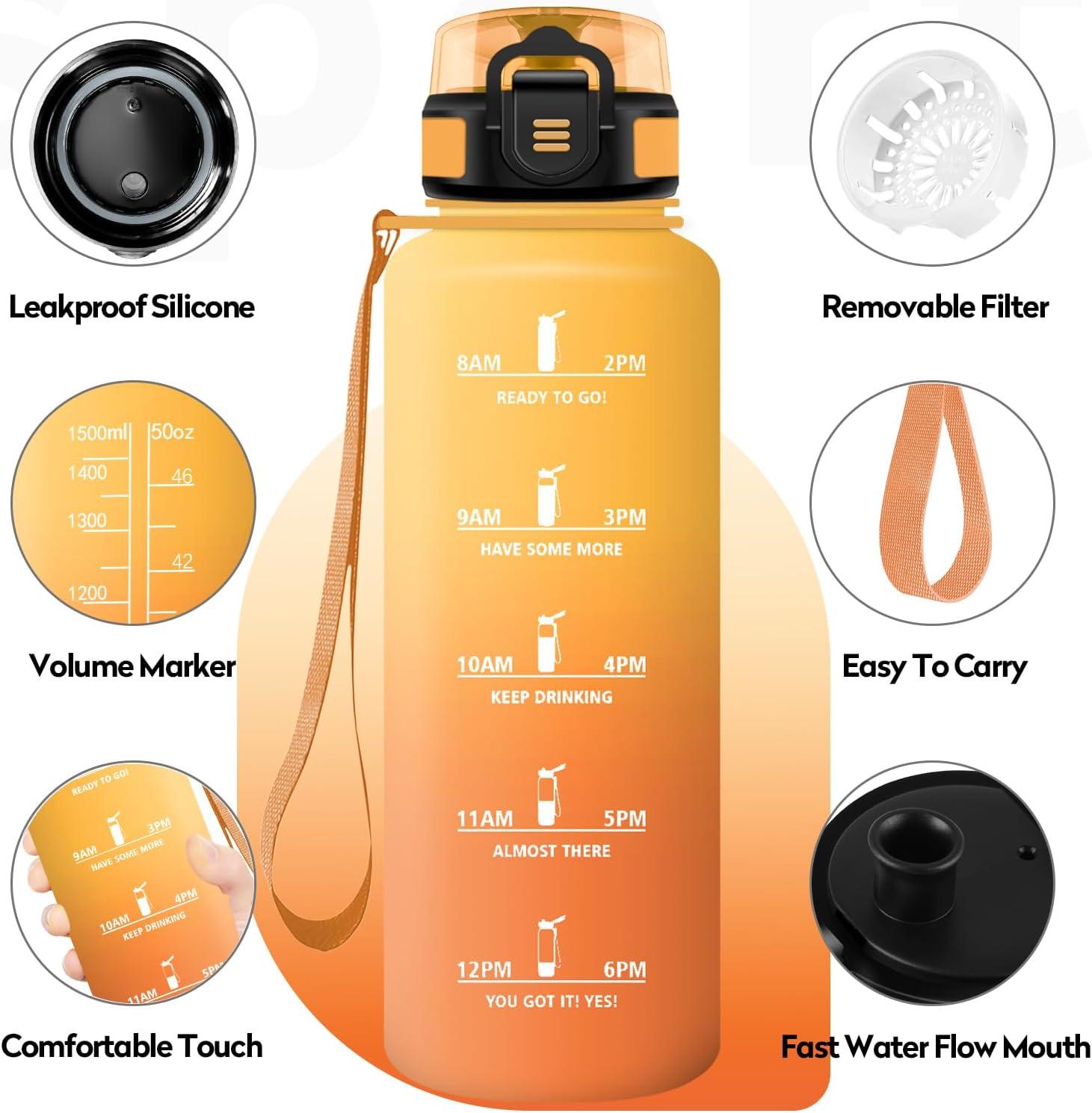imageBouteille deau Sport 1L Gourde Marqueur de Temps Gourde avec Filtre Bouteille de Motivation tanche ampamp Rutilisable pour Randonne Cyclisme Bureau Extrieur Camping Randonne Yoga50oz1500ml Jaune Ambreorange