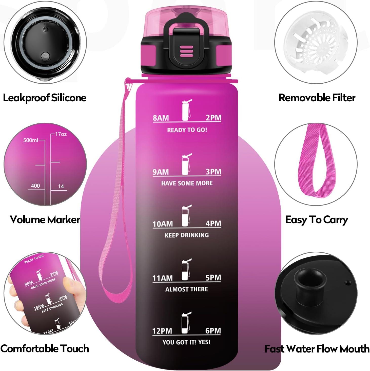 imageBouteille deau Sport 1L Gourde Marqueur de Temps Gourde avec Filtre Bouteille de Motivation tanche ampamp Rutilisable pour Randonne Cyclisme Bureau Extrieur Camping Randonne Yoga17oz500ml Violet Rougenoir