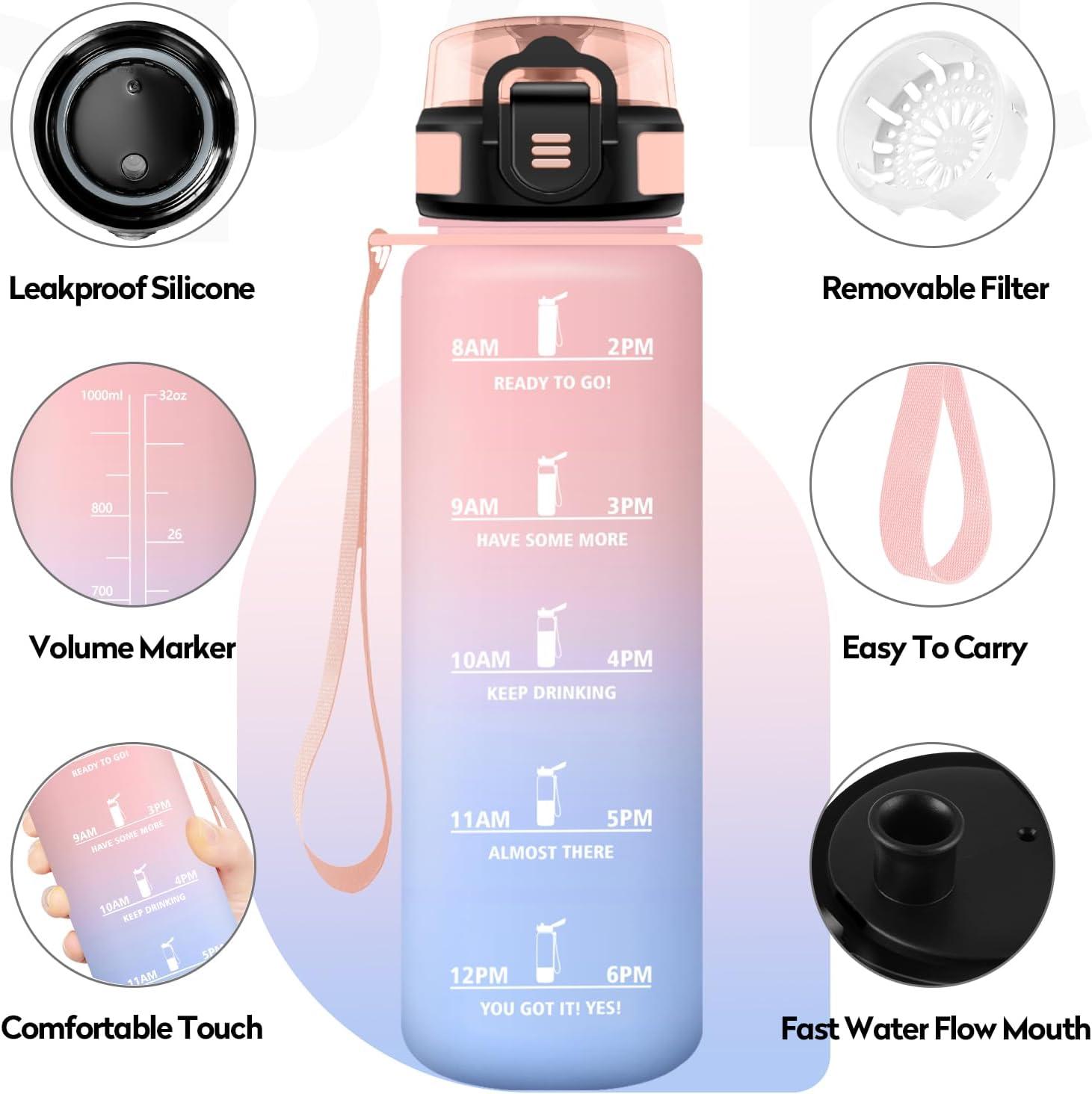 imageBouteille deau Sport 1L Gourde Marqueur de Temps Gourde avec Filtre Bouteille de Motivation tanche ampamp Rutilisable pour Randonne Cyclisme Bureau Extrieur Camping Randonne Yoga32oz1000ml Rosebleu Ciel