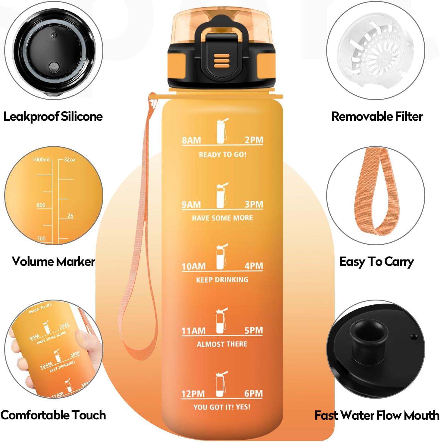 imageBouteille deau Sport 1L Gourde Marqueur de Temps Gourde avec Filtre Bouteille de Motivation tanche ampamp Rutilisable pour Randonne Cyclisme Bureau Extrieur Camping Randonne Yoga32oz1000ml Jaune Ambreorange