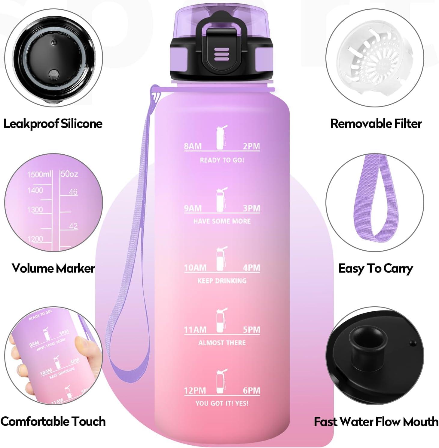 imageBouteille deau Sport 1L Gourde Marqueur de Temps Gourde avec Filtre Bouteille de Motivation tanche ampamp Rutilisable pour Randonne Cyclisme Bureau Extrieur Camping Randonne Yoga50oz1500ml Rose Plerose Bonbon