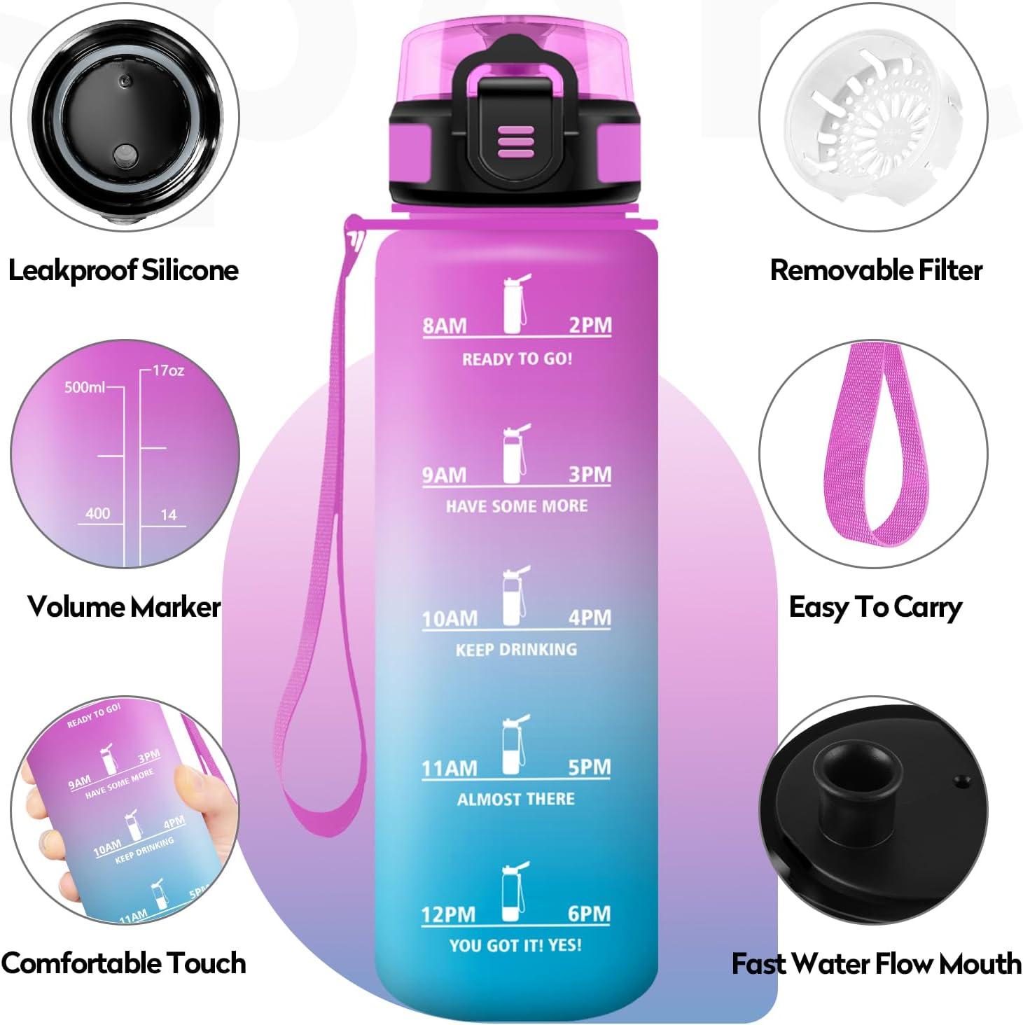 imageBouteille deau Sport 1L Gourde Marqueur de Temps Gourde avec Filtre Bouteille de Motivation tanche ampamp Rutilisable pour Randonne Cyclisme Bureau Extrieur Camping Randonne Yoga17oz500ml Rose Bonboncyan