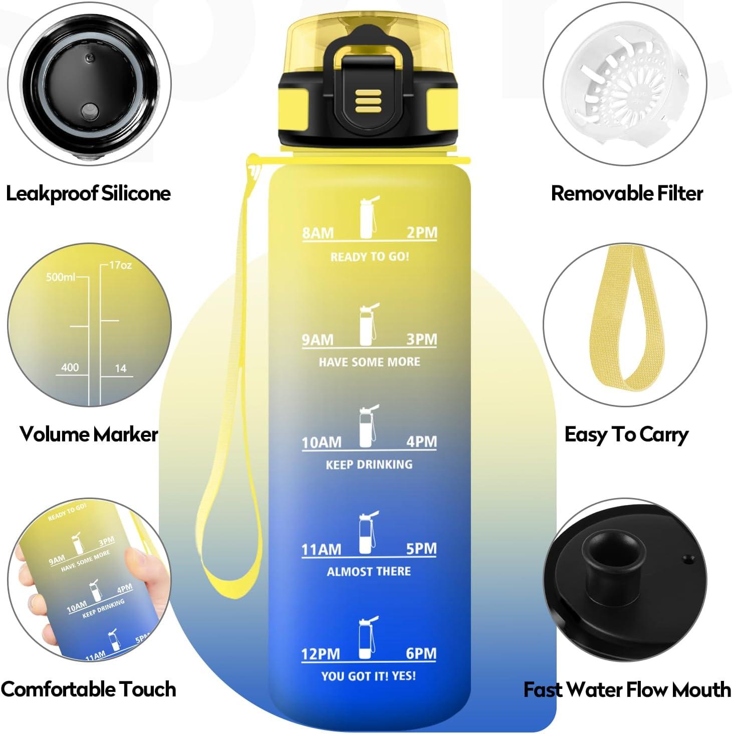 imageBouteille deau Sport 1L Gourde Marqueur de Temps Gourde avec Filtre Bouteille de Motivation tanche ampamp Rutilisable pour Randonne Cyclisme Bureau Extrieur Camping Randonne Yoga17oz500ml Jaunebleu Royal