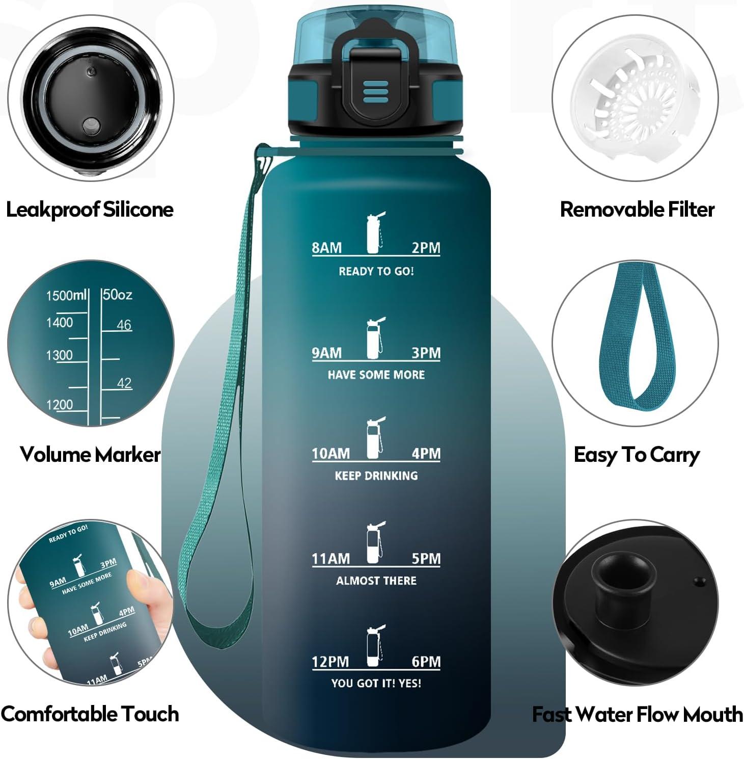 imageBouteille deau Sport 1L Gourde Marqueur de Temps Gourde avec Filtre Bouteille de Motivation tanche ampamp Rutilisable pour Randonne Cyclisme Bureau Extrieur Camping Randonne Yoga50oz1500ml Vert Foncgris