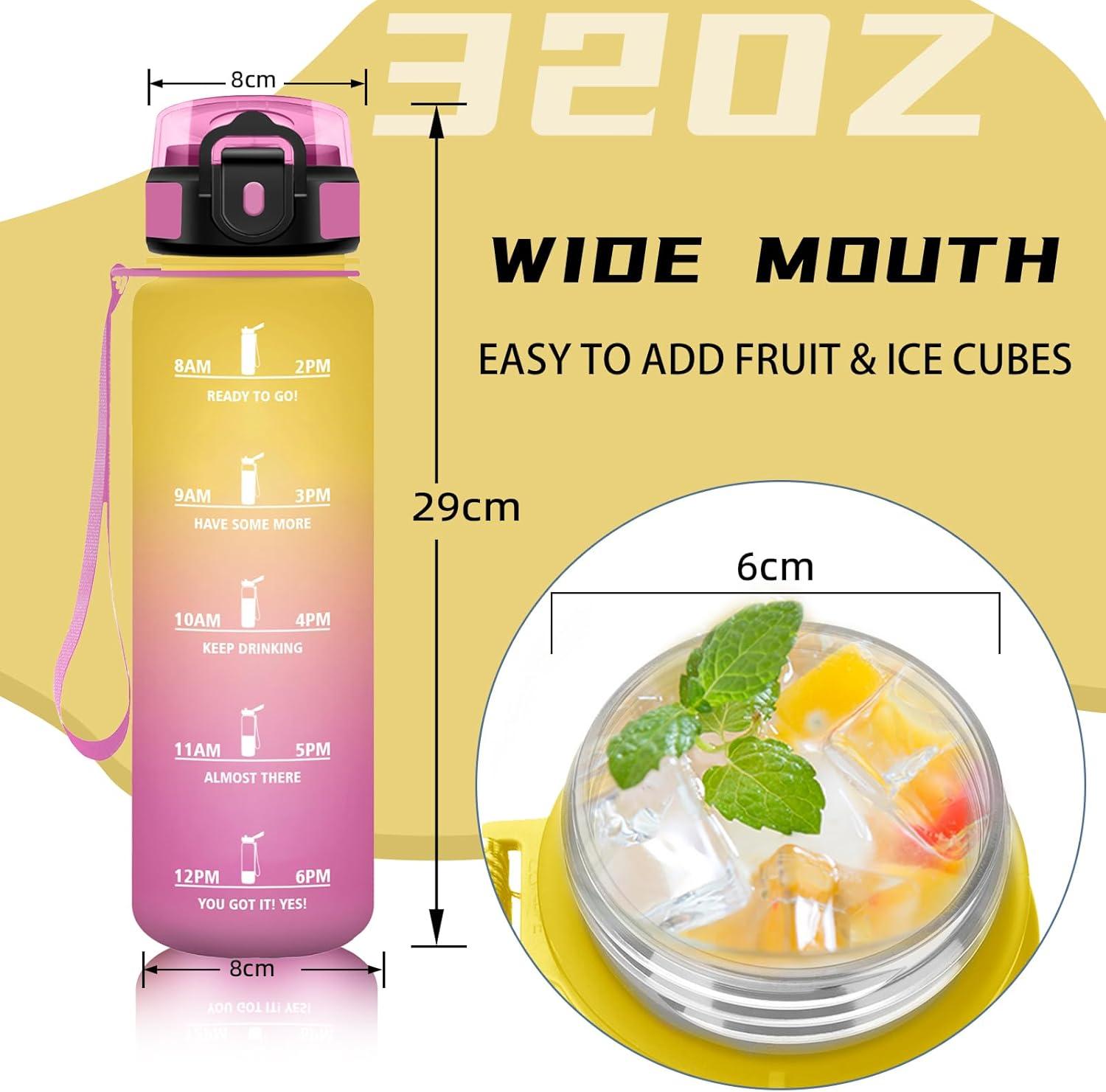 imageGourde 1l Sport Anti Fuite Gourde Gradue pour 1 Journee Facile Nettoyer Rutilisable Bouteille Adulte avec Marqueur de Temps pour Aptitude Camping Yoga VoyagesJaunerose