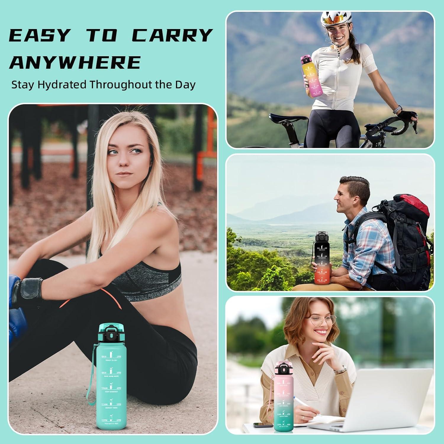 imageGourde 1l Sport Anti Fuite Gourde Gradue pour 1 Journee Facile Nettoyer Rutilisable Bouteille Adulte avec Marqueur de Temps pour Aptitude Camping Yoga VoyagesVert
