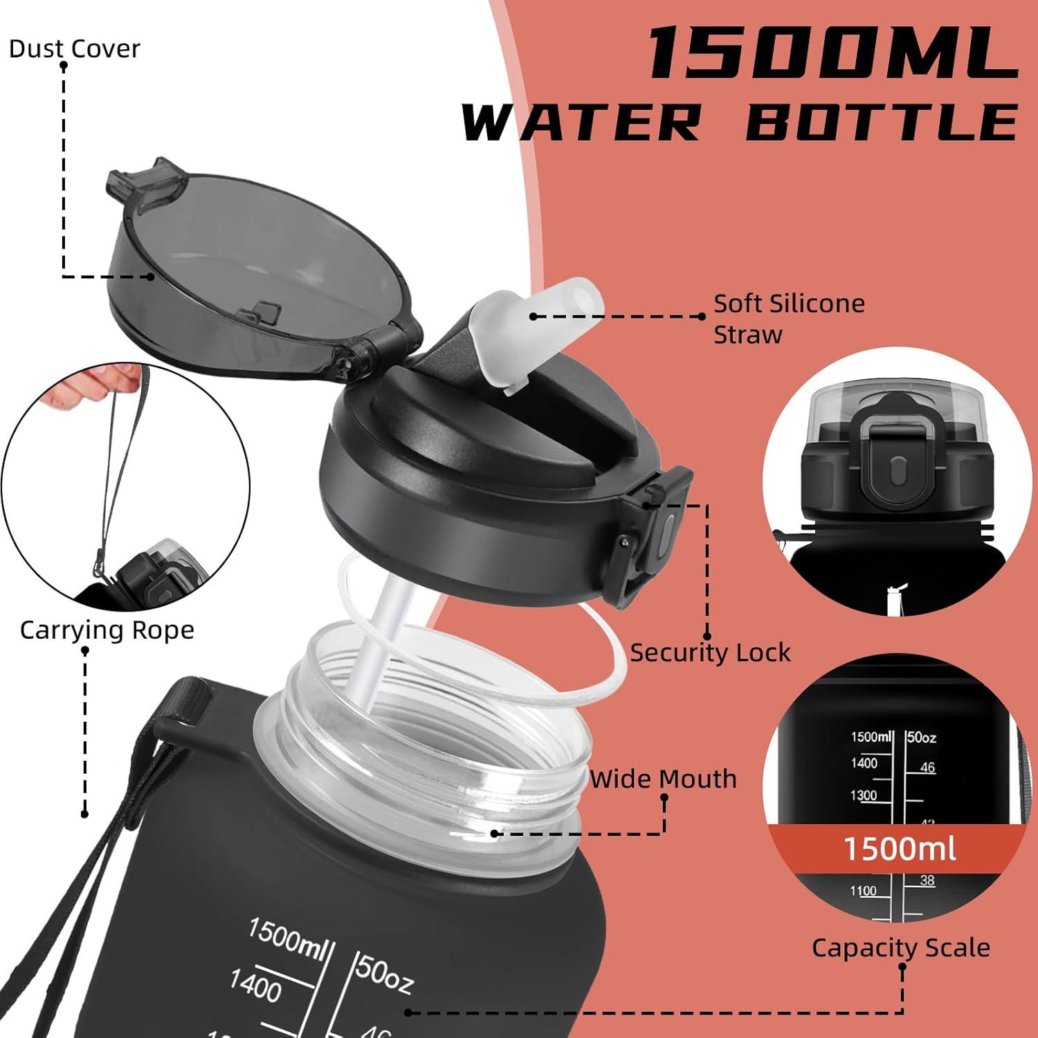 imageGourde 1l Sport Anti Fuite Gourde Gradue pour 1 Journee Facile Nettoyer Rutilisable Bouteille Adulte avec Marqueur de Temps pour Aptitude Camping Yoga VoyagesNoirrouge