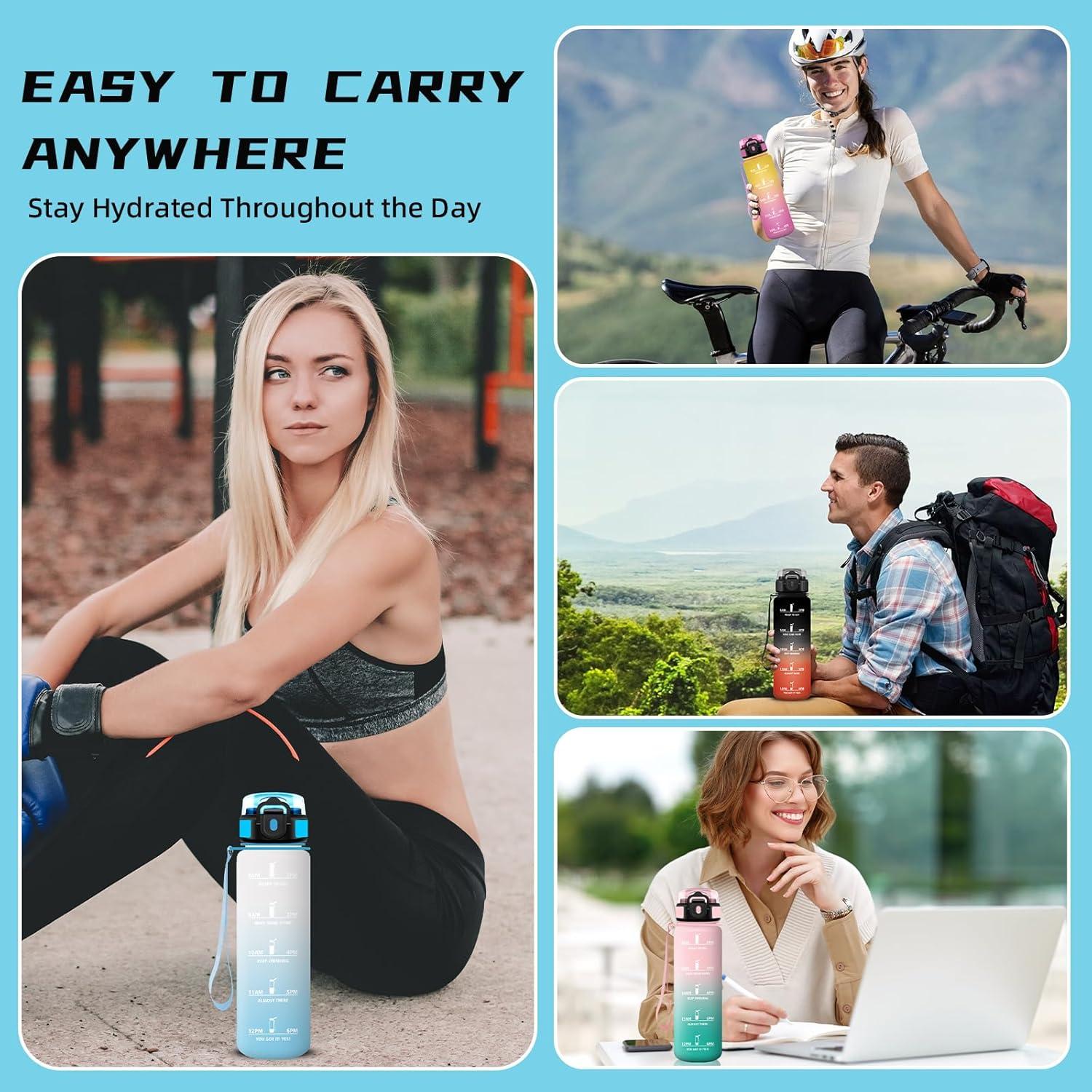 imageGourde 1l Sport Anti Fuite Gourde Gradue pour 1 Journee Facile Nettoyer Rutilisable Bouteille Adulte avec Marqueur de Temps pour Aptitude Camping Yoga VoyagesBlancbleu