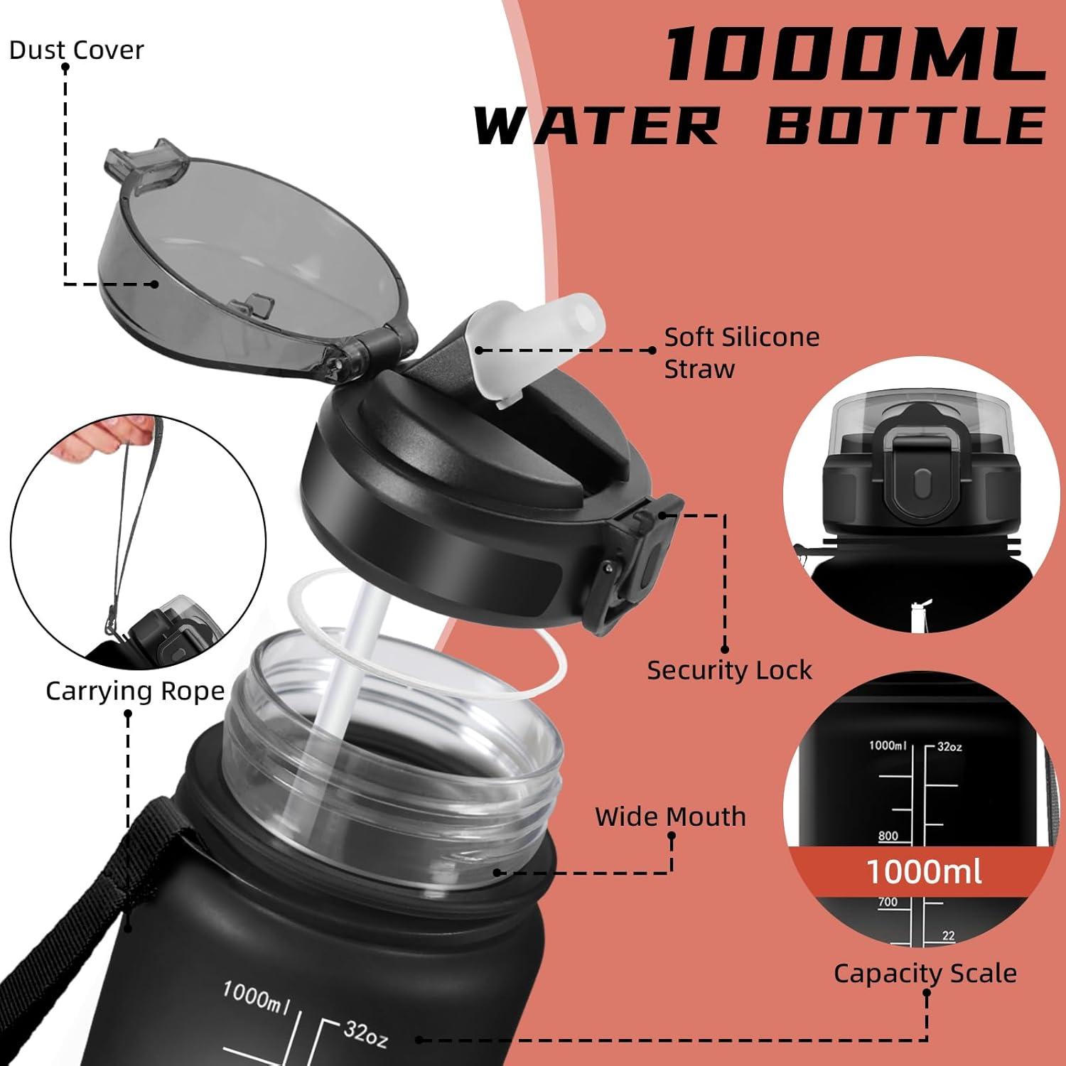 imageGourde 1l Sport Anti Fuite Gourde Gradue pour 1 Journee Facile Nettoyer Rutilisable Bouteille Adulte avec Marqueur de Temps pour Aptitude Camping Yoga VoyagesNoirrouge