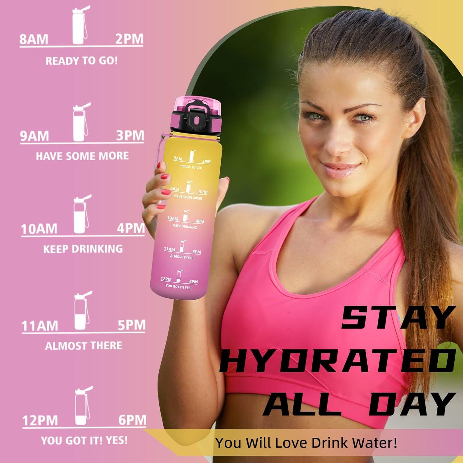 imageGourde 1l Sport Anti Fuite Gourde Gradue pour 1 Journee Facile Nettoyer Rutilisable Bouteille Adulte avec Marqueur de Temps pour Aptitude Camping Yoga VoyagesJaunerose