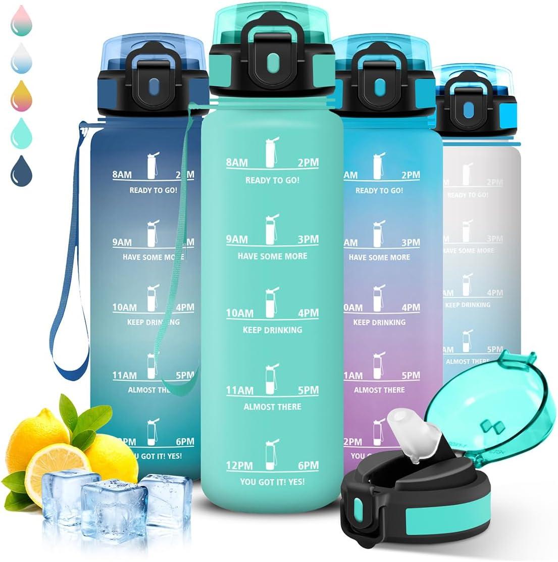 imageGourde 1l Sport Anti Fuite Gourde Gradue pour 1 Journee Facile Nettoyer Rutilisable Bouteille Adulte avec Marqueur de Temps pour Aptitude Camping Yoga VoyagesVert