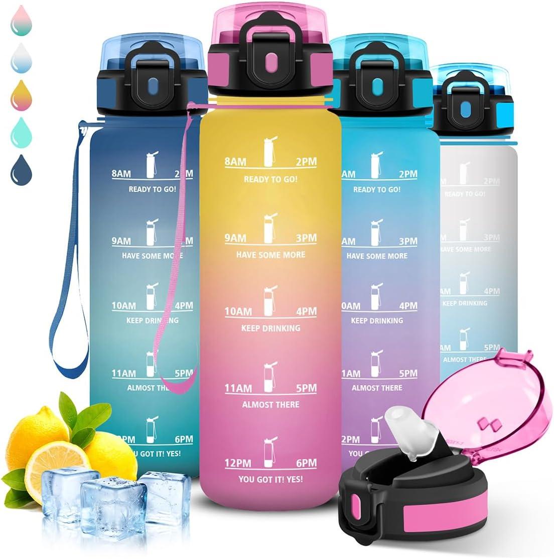 imageGourde 1l Sport Anti Fuite Gourde Gradue pour 1 Journee Facile Nettoyer Rutilisable Bouteille Adulte avec Marqueur de Temps pour Aptitude Camping Yoga VoyagesJaunerose