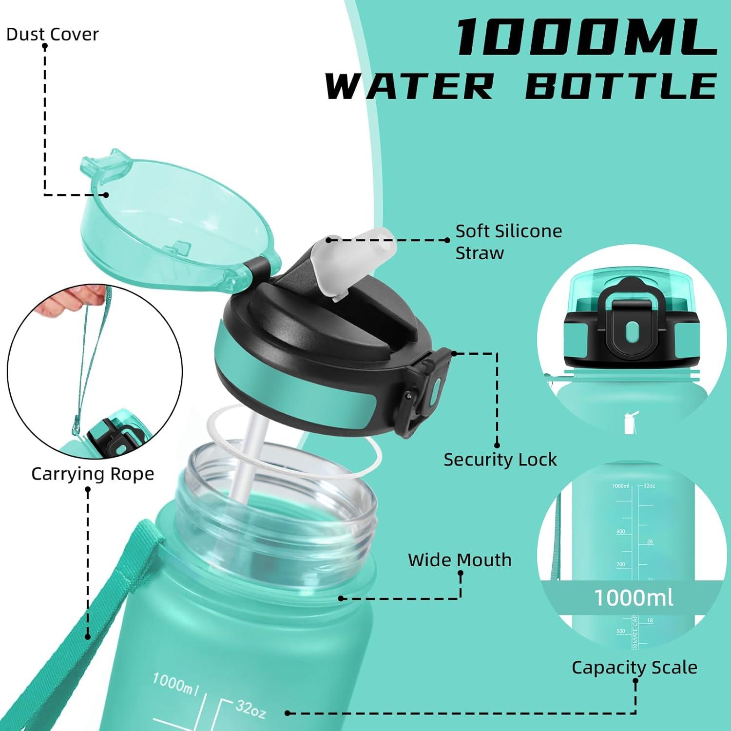 imageGourde 1l Sport Anti Fuite Gourde Gradue pour 1 Journee Facile Nettoyer Rutilisable Bouteille Adulte avec Marqueur de Temps pour Aptitude Camping Yoga VoyagesVert