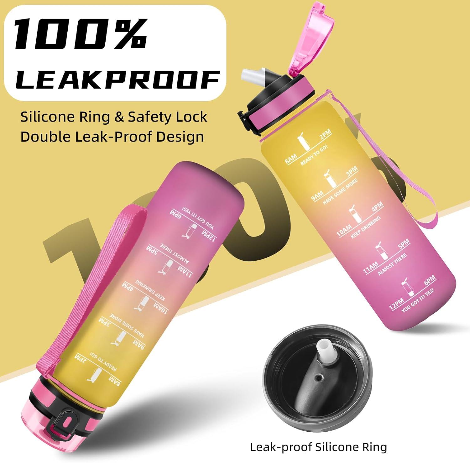 imageGourde 1l Sport Anti Fuite Gourde Gradue pour 1 Journee Facile Nettoyer Rutilisable Bouteille Adulte avec Marqueur de Temps pour Aptitude Camping Yoga VoyagesJaunerose