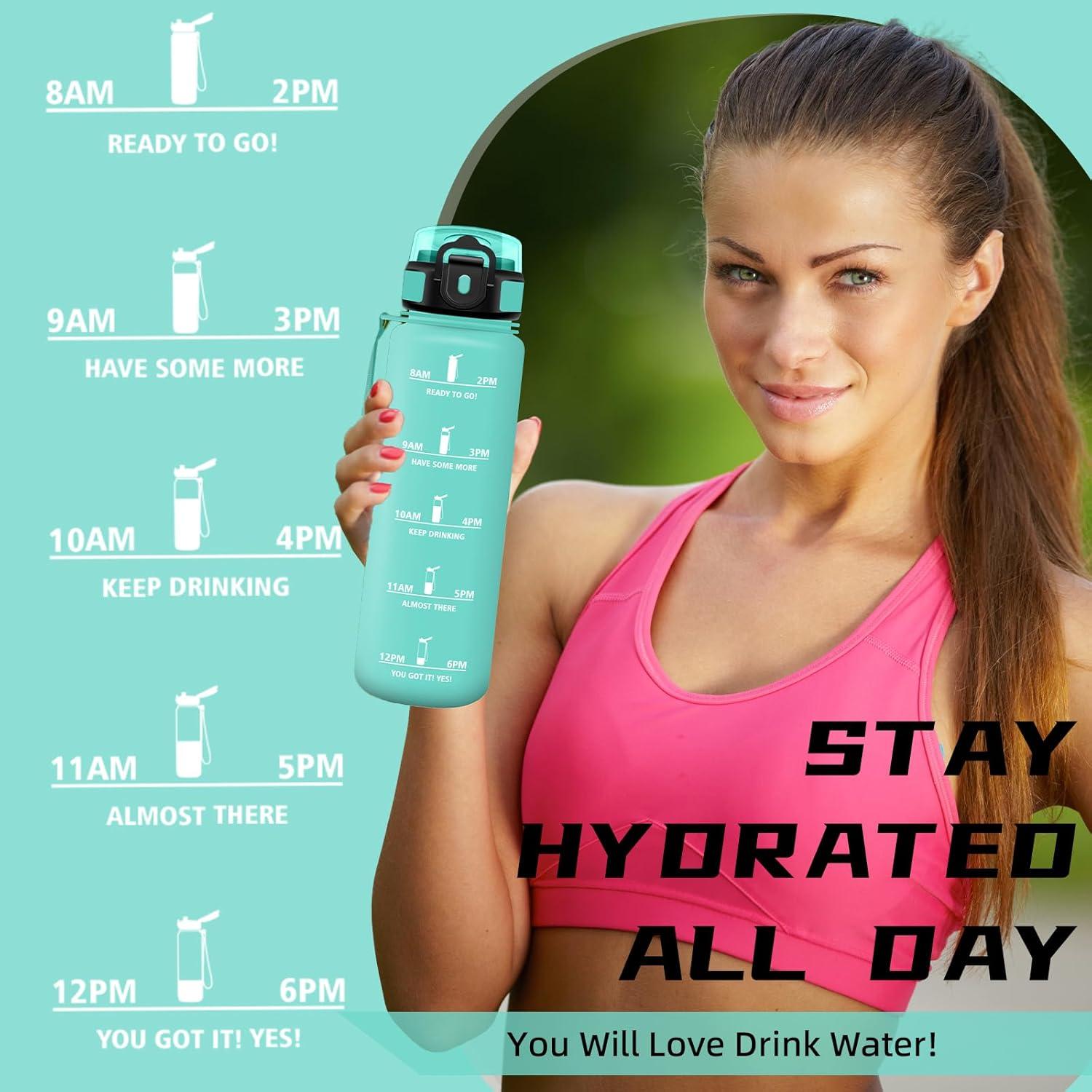 imageGourde 1l Sport Anti Fuite Gourde Gradue pour 1 Journee Facile Nettoyer Rutilisable Bouteille Adulte avec Marqueur de Temps pour Aptitude Camping Yoga VoyagesVert