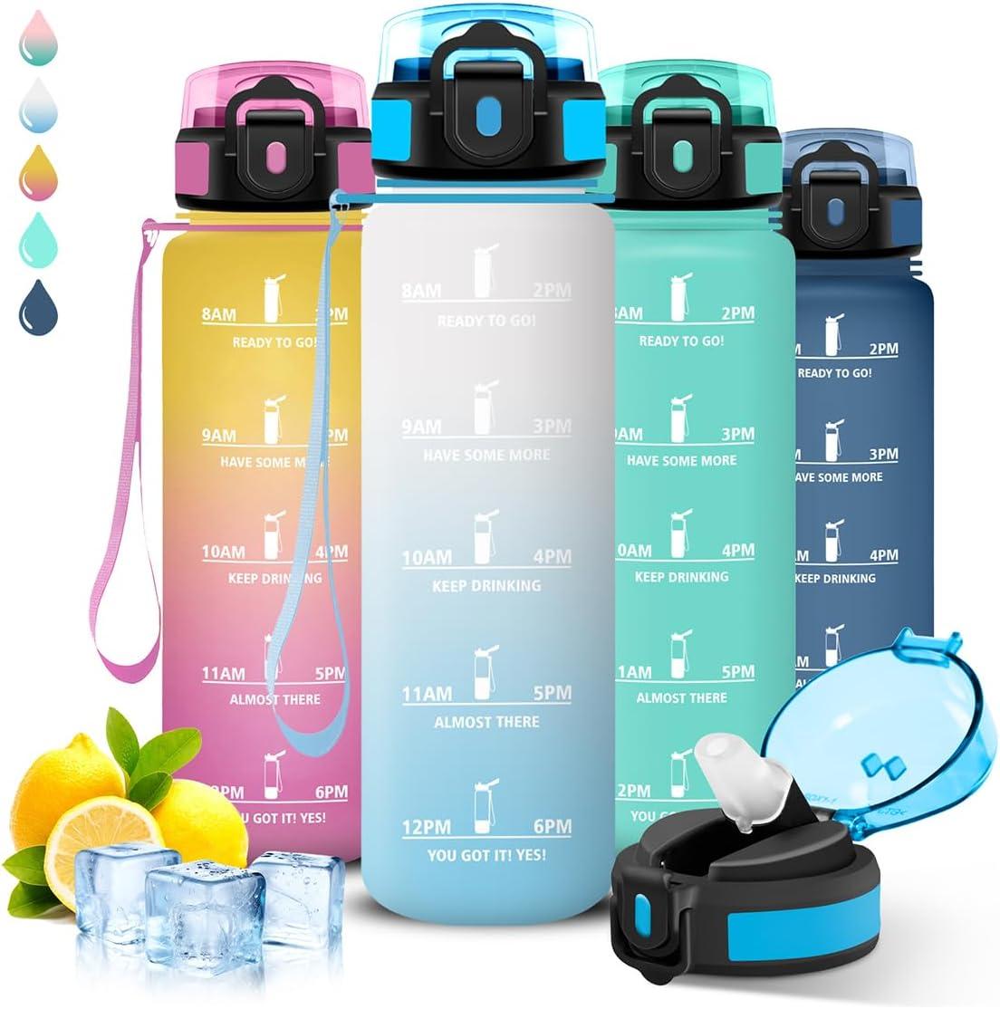 imageGourde 1l Sport Anti Fuite Gourde Gradue pour 1 Journee Facile Nettoyer Rutilisable Bouteille Adulte avec Marqueur de Temps pour Aptitude Camping Yoga VoyagesBlancbleu