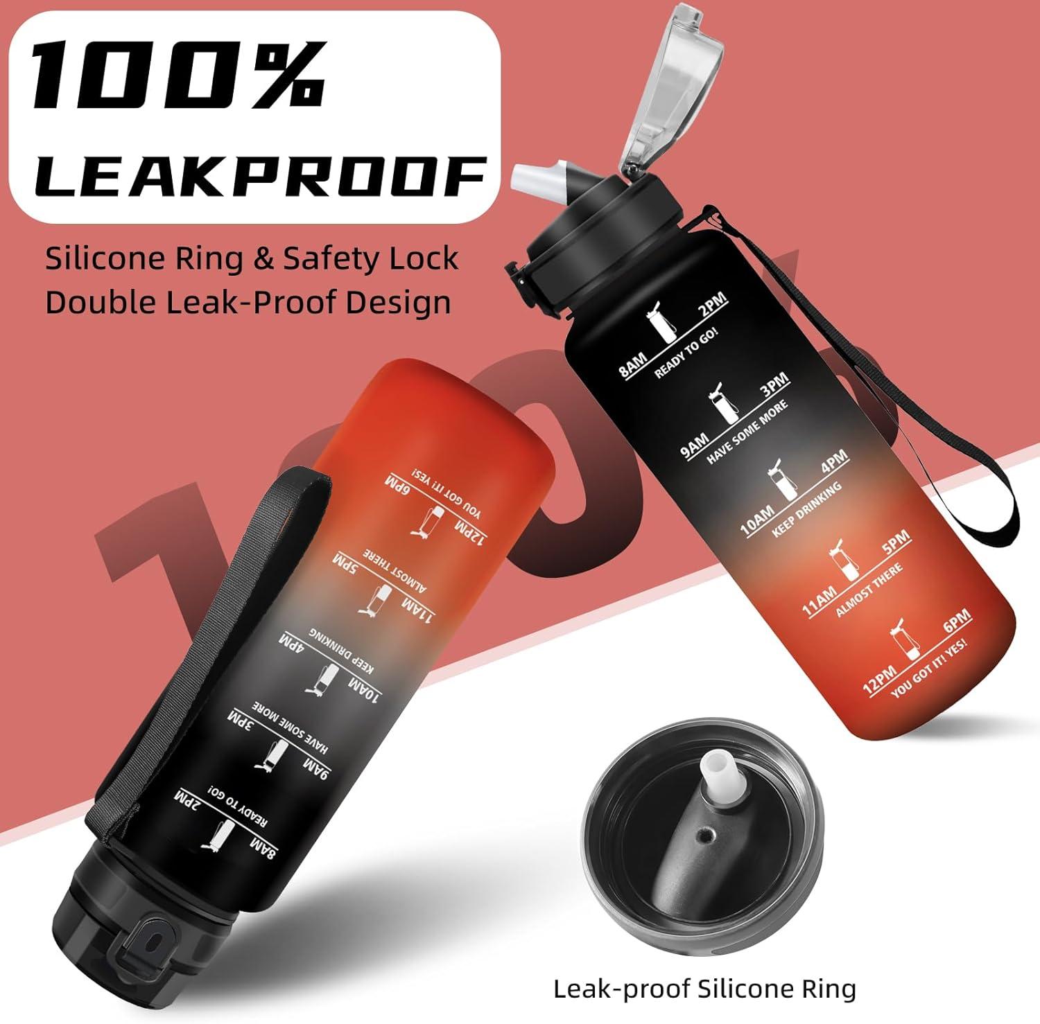 imageGourde 1l Sport Anti Fuite Gourde Gradue pour 1 Journee Facile Nettoyer Rutilisable Bouteille Adulte avec Marqueur de Temps pour Aptitude Camping Yoga VoyagesNoirrouge