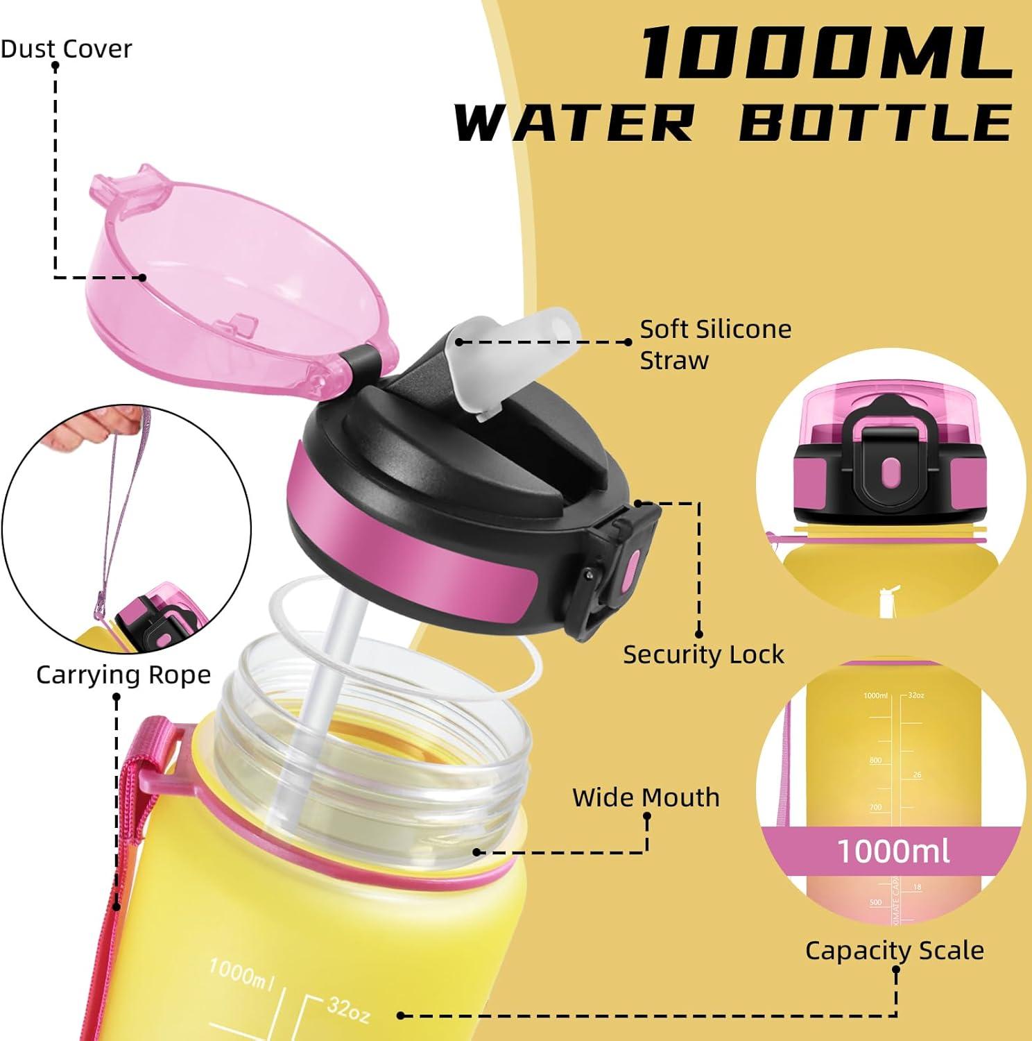 imageGourde 1l Sport Anti Fuite Gourde Gradue pour 1 Journee Facile Nettoyer Rutilisable Bouteille Adulte avec Marqueur de Temps pour Aptitude Camping Yoga VoyagesJaunerose
