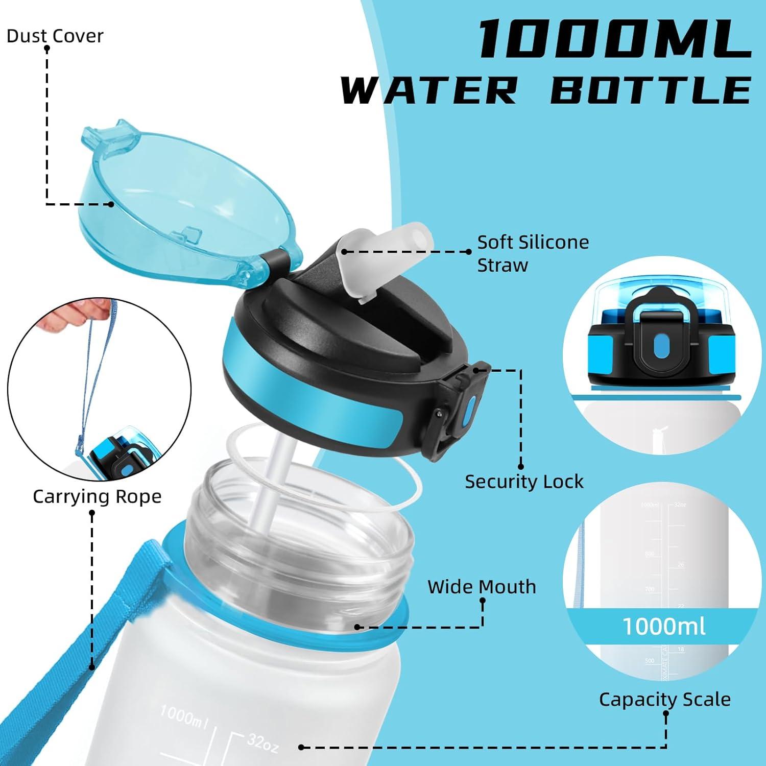 imageGourde 1l Sport Anti Fuite Gourde Gradue pour 1 Journee Facile Nettoyer Rutilisable Bouteille Adulte avec Marqueur de Temps pour Aptitude Camping Yoga VoyagesBlancbleu