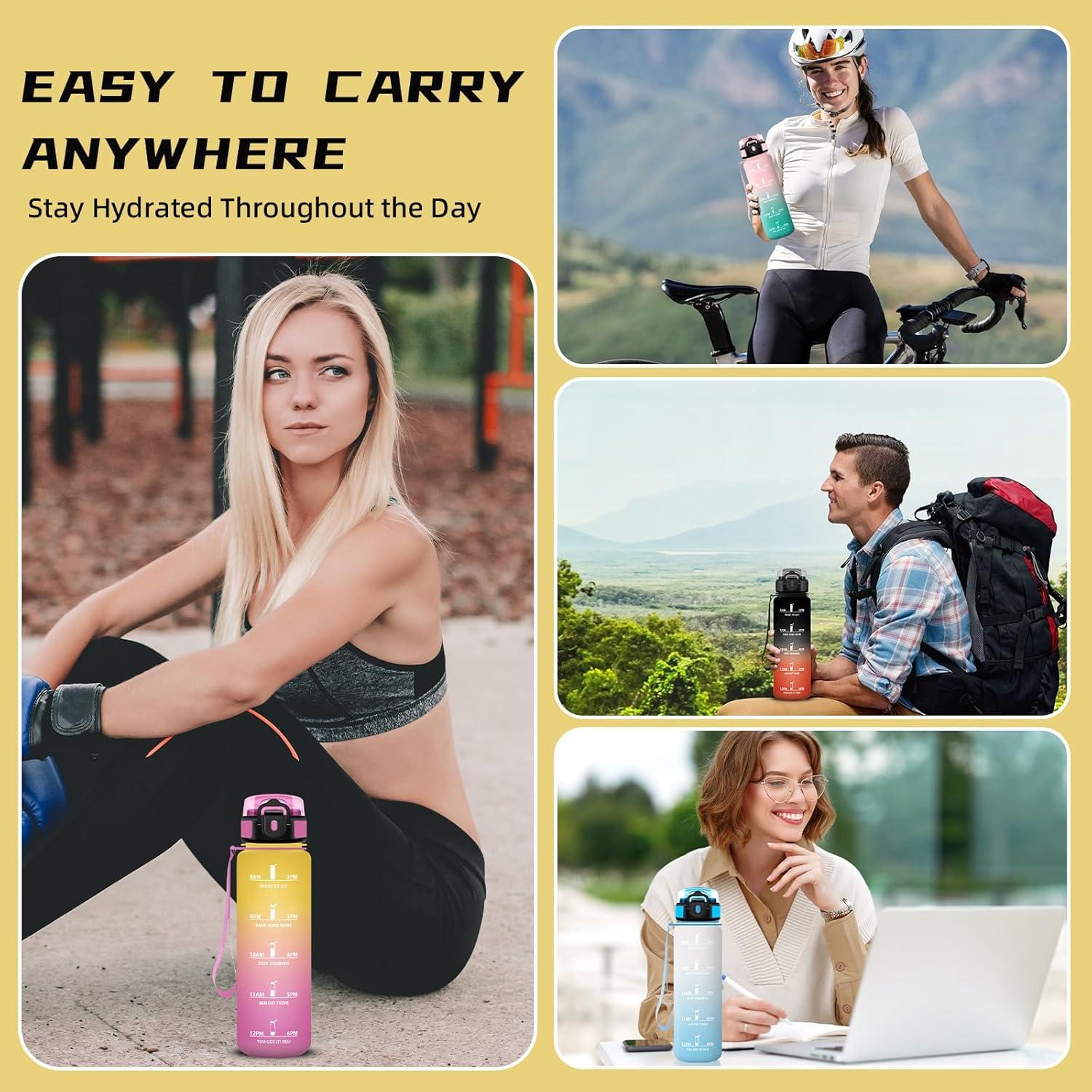 imageGourde 1l Sport Anti Fuite Gourde Gradue pour 1 Journee Facile Nettoyer Rutilisable Bouteille Adulte avec Marqueur de Temps pour Aptitude Camping Yoga VoyagesJaunerose