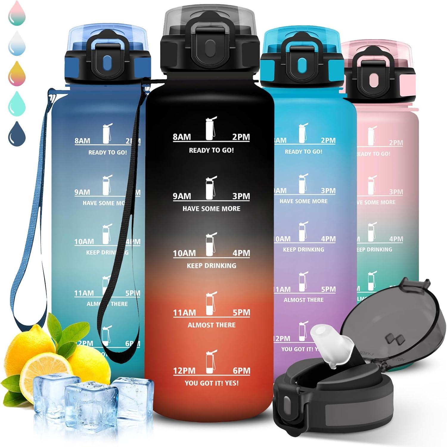imageGourde 1l Sport Anti Fuite Gourde Gradue pour 1 Journee Facile Nettoyer Rutilisable Bouteille Adulte avec Marqueur de Temps pour Aptitude Camping Yoga VoyagesNoirrouge