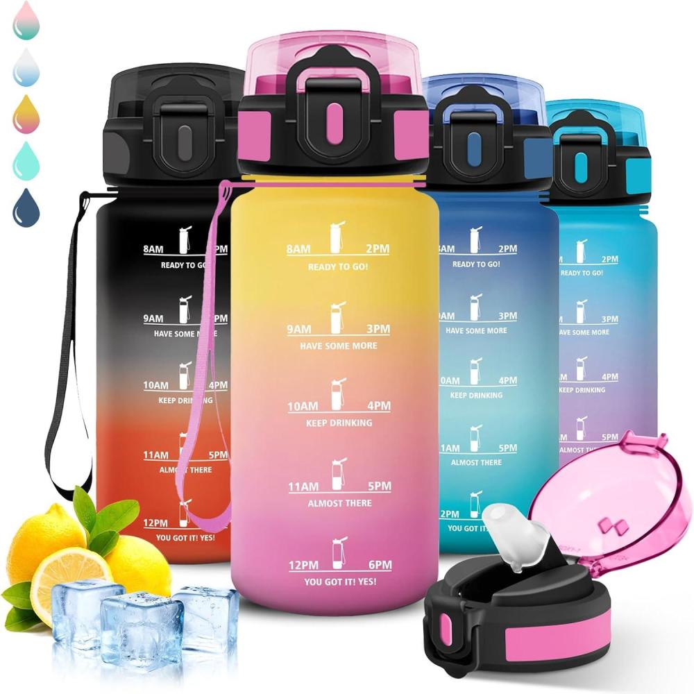 imageGourde 1l Sport Anti Fuite Gourde Gradue pour 1 Journee Facile Nettoyer Rutilisable Bouteille Adulte avec Marqueur de Temps pour Aptitude Camping Yoga VoyagesJaunerose