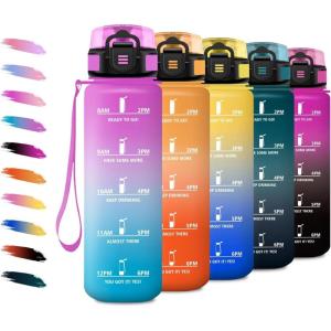Bouteille d&rsquo;eau Sport 1L, Gourde Marqueur de Temps, Gourde avec Filtre, Bouteille de Motivation, Étanche & Réutilisable, pour Randonnée, Cyclisme, Bureau, Extérieur, Camping, Randonnée, Yoga(32oz-1000ml | Rose Bonbon-cyan)