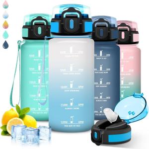 Gourde 1l Sport, Anti Fuite, Gourde Graduée pour 1 Journee, Facile à Nettoyer, Réutilisable, Bouteille Adulte avec Marqueur de Temps, pour Aptitude, Camping, Yoga, Voyages(Blanc-bleu)
