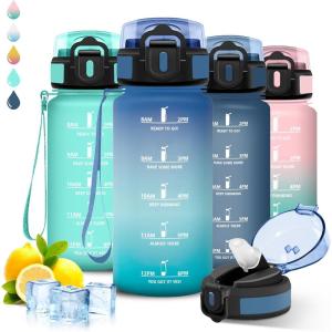 Gourde 1l Sport, Anti Fuite, Gourde Graduée pour 1 Journee, Facile à Nettoyer, Réutilisable, Bouteille Adulte avec Marqueur de Temps, pour Aptitude, Camping, Yoga, Voyages(Bleu-vert)