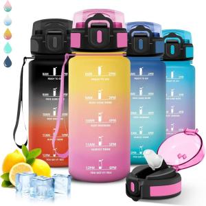 Gourde 1l Sport, Anti Fuite, Gourde Graduée pour 1 Journee, Facile à Nettoyer, Réutilisable, Bouteille Adulte avec Marqueur de Temps, pour Aptitude, Camping, Yoga, Voyages(Jaune-rose)