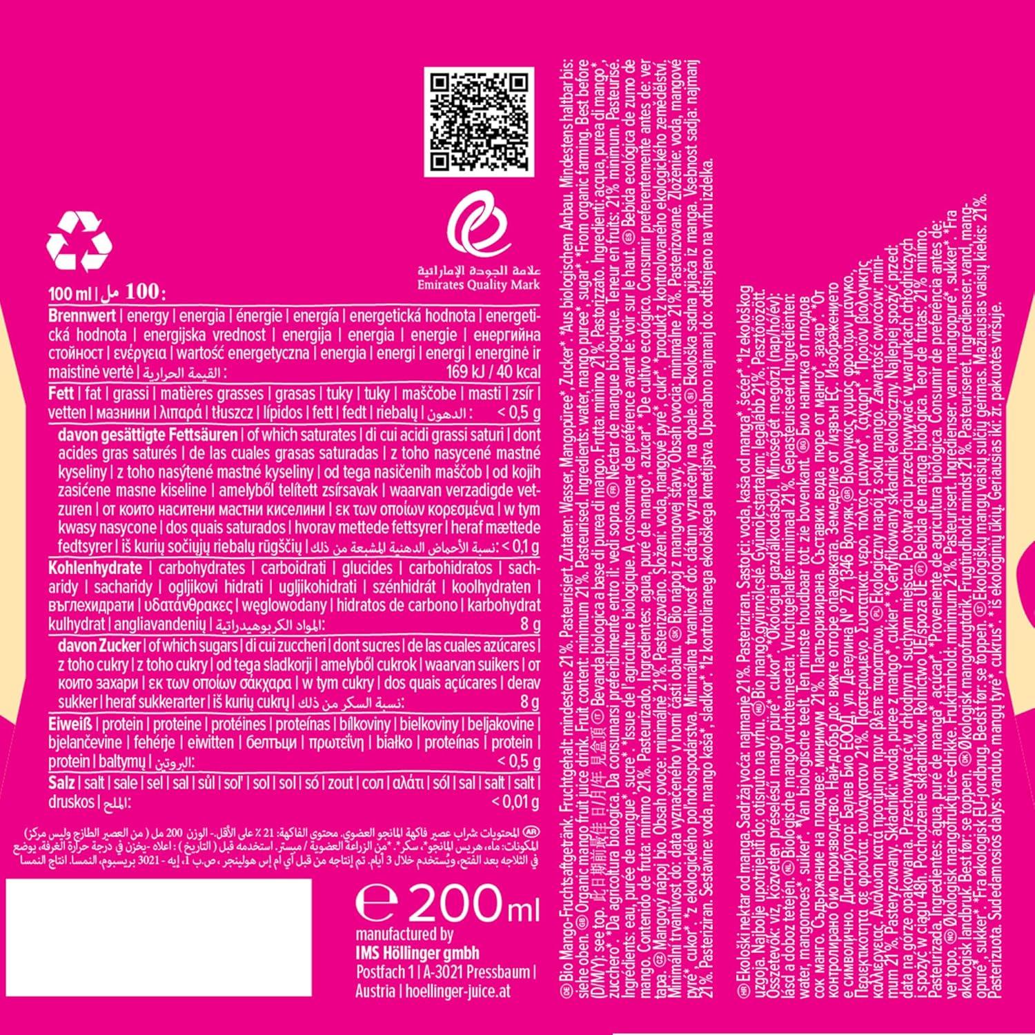 imageHllinger Bio Jus de Mangue Organique Pack de 3 x 200ml Tetra Pack Sans Sucre Ajout Premium Vgtalien Boisson Naturelle