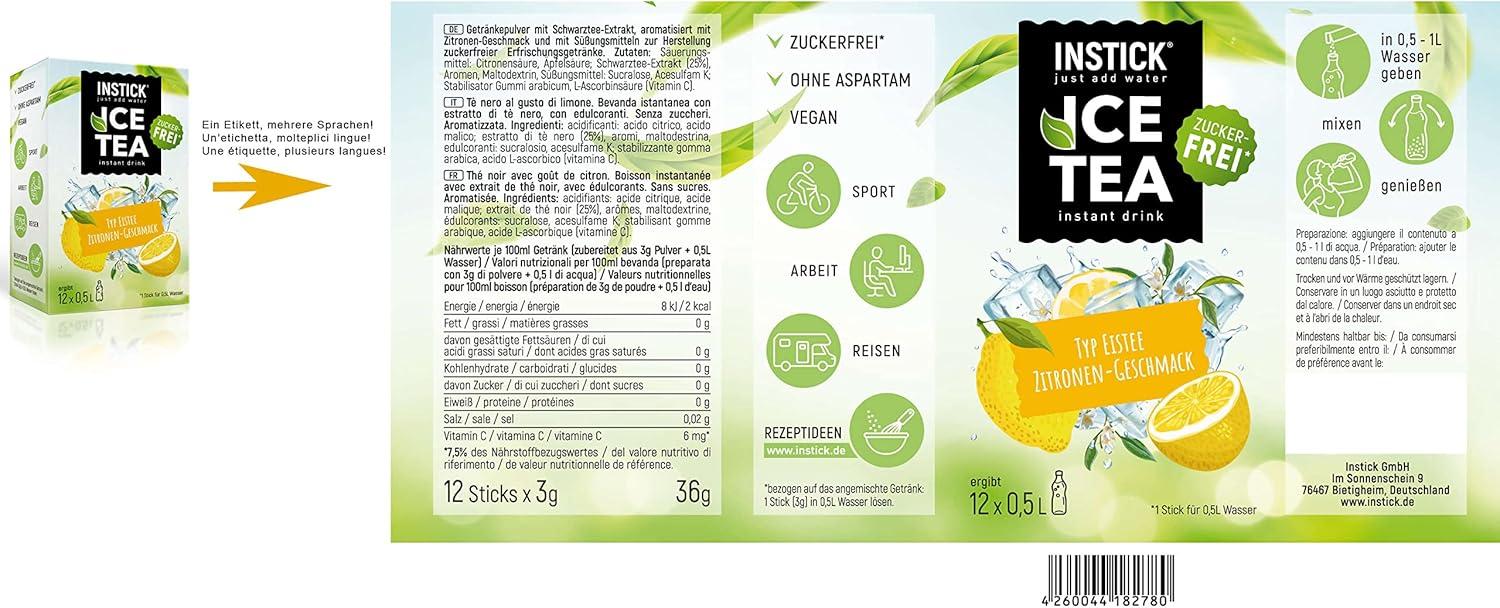 imageINSTICK Boisson instantane sans sucre Lot 25 paquets de 12 sachets chacun pour 12x05L diffrentes sortes classiques boisson en poudre vgtalienne faible en calories avec vitamine CLot th glac au citron