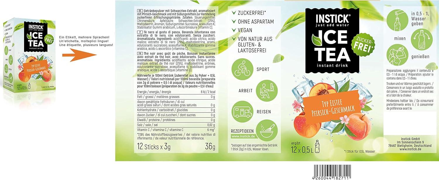 imageINSTICK Boisson instantane sans sucre Lot 25 paquets de 12 sachets chacun pour 12x05L diffrentes sortes classiques boisson en poudre vgtalienne faible en calories avec vitamine CLot th glac la pche