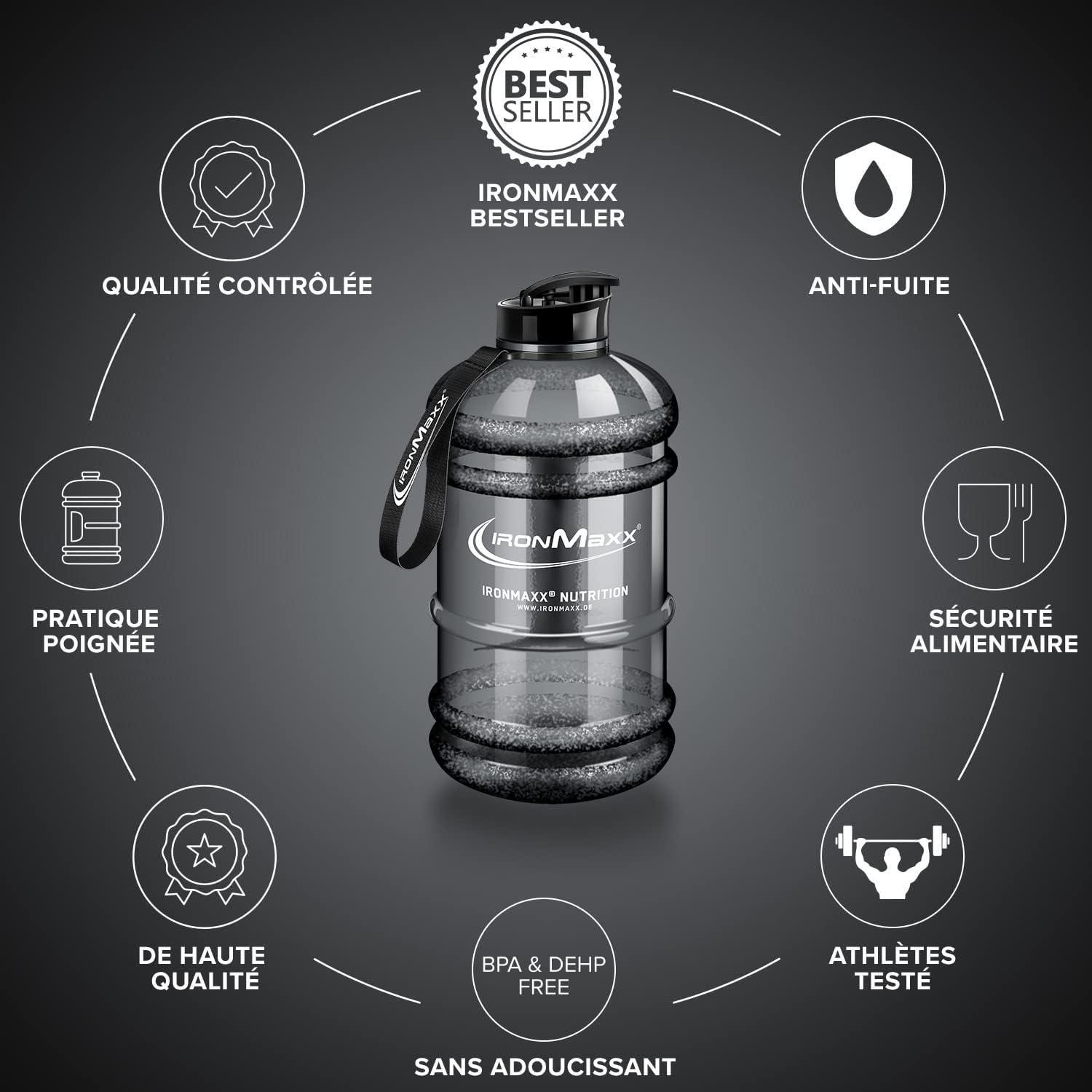 imageIronMaxx Gourde Sport Bouteille dEau Sport 22L 2200 ml Gris Gourde Sans BPA ni DEHP Water Bouteille tanche avec chelle de mesure Bottle Grande Capacit dHydratationPlastique Gris