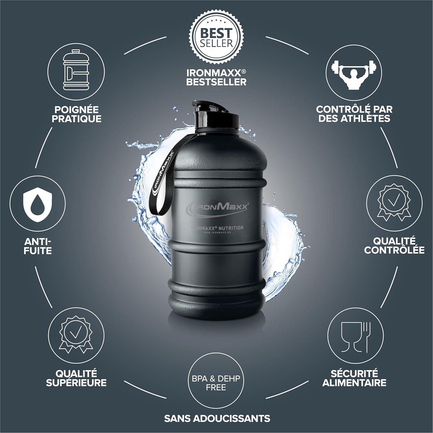 imageIronMaxx Gourde Sport Bouteille dEau Sport 22L 2200 ml Gris Gourde Sans BPA ni DEHP Water Bouteille tanche avec chelle de mesure Bottle Grande Capacit dHydratationDeep Noir