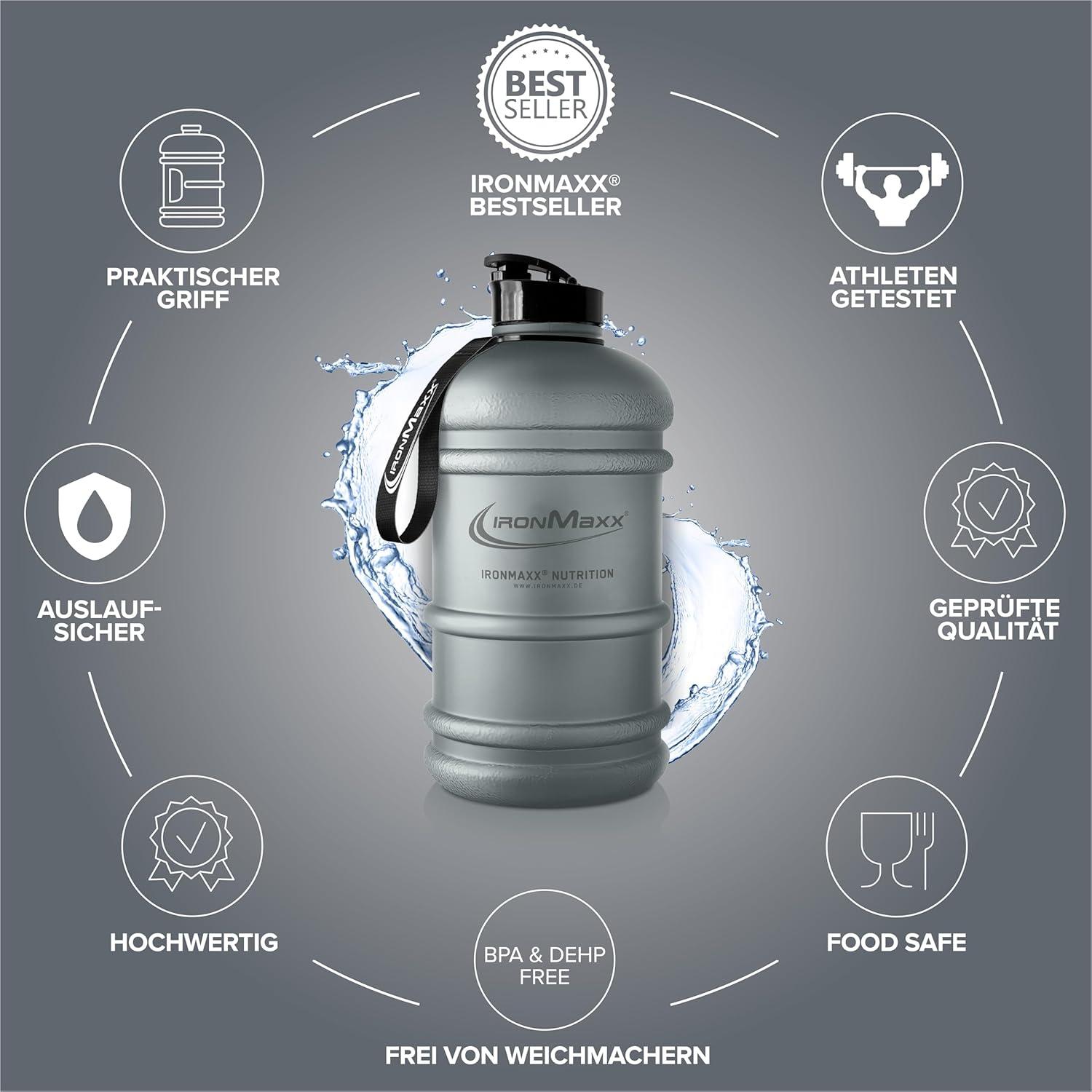 imageIronMaxx Gourde Sport Bouteille dEau Sport 22L 2200 ml Gris Gourde Sans BPA ni DEHP Water Bouteille tanche avec chelle de mesure Bottle Grande Capacit dHydratationAsh Gri