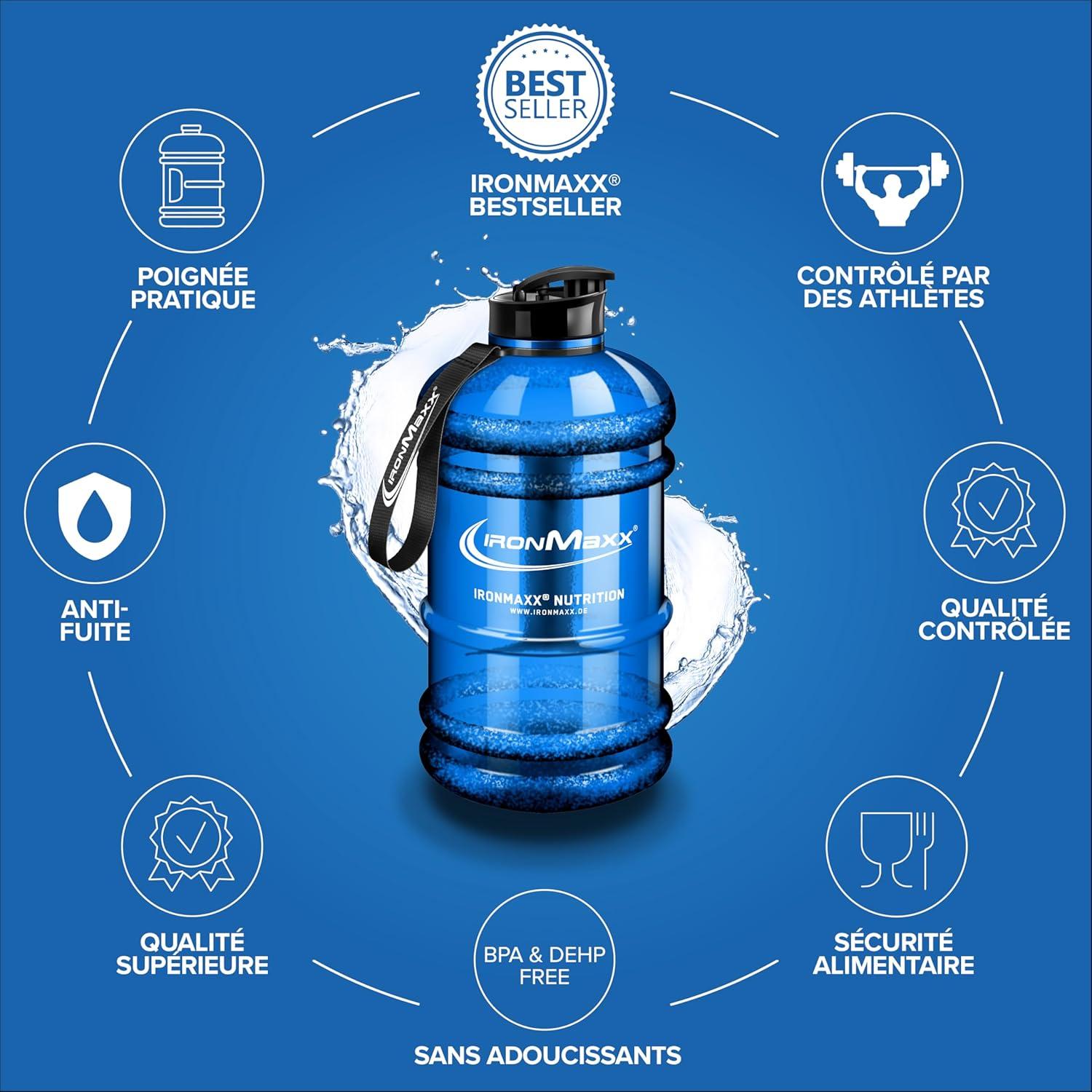 imageIronMaxx Gourde Sport Bouteille dEau Sport 22L 2200 ml Gris Gourde Sans BPA ni DEHP Water Bouteille tanche avec chelle de mesure Bottle Grande Capacit dHydratationBleu