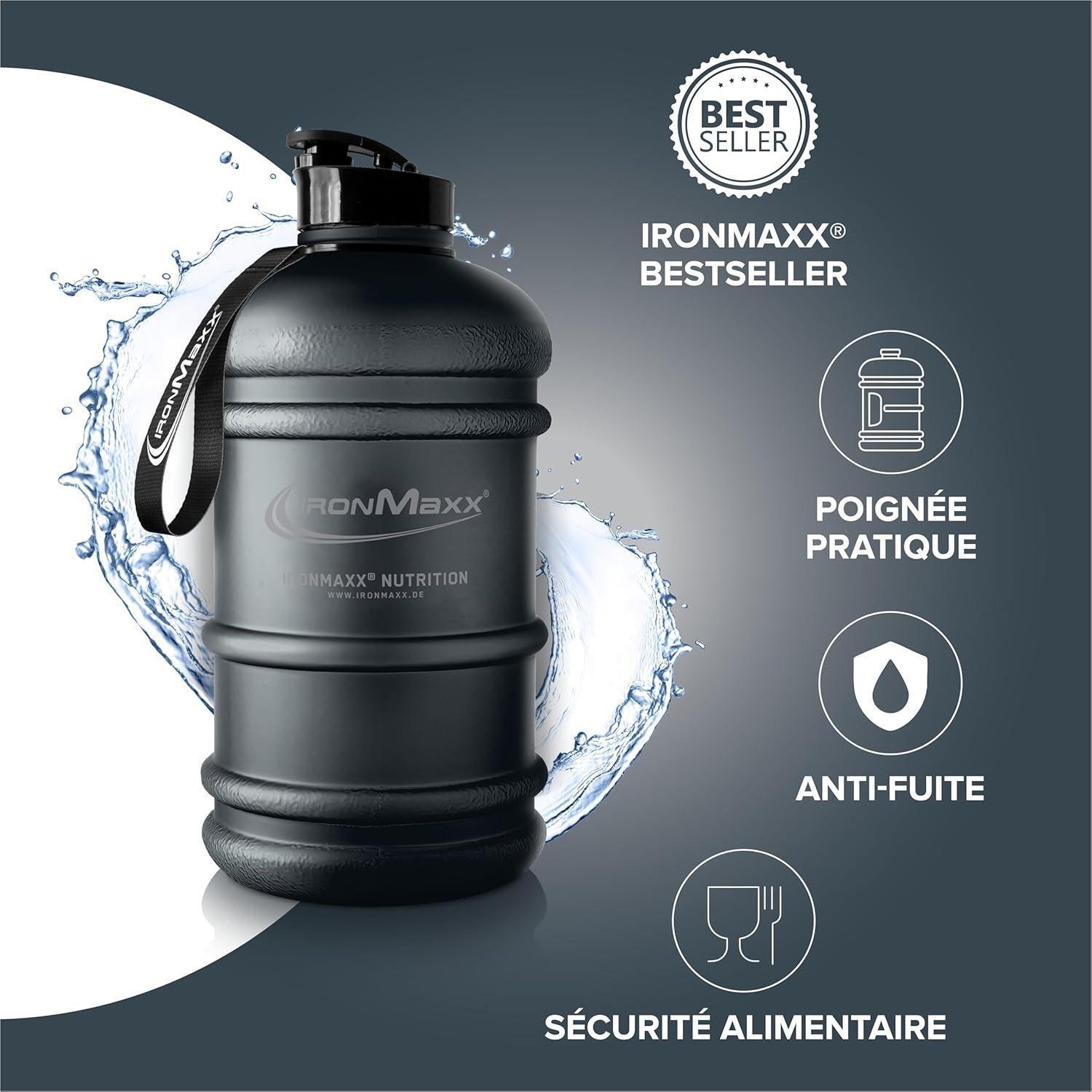 imageIronMaxx Gourde Sport Bouteille dEau Sport 22L 2200 ml Gris Gourde Sans BPA ni DEHP Water Bouteille tanche avec chelle de mesure Bottle Grande Capacit dHydratationDeep Noir