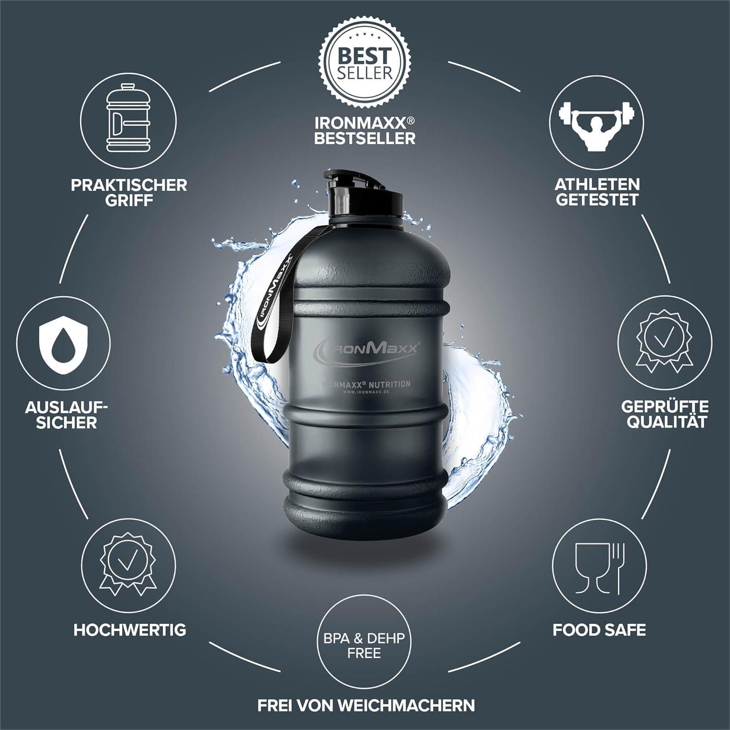 imageIronMaxx Gourde Sport Bouteille dEau Sport 22L 2200 ml Gris Gourde Sans BPA ni DEHP Water Bouteille tanche avec chelle de mesure Bottle Grande Capacit dHydratationNoir Profond Givr