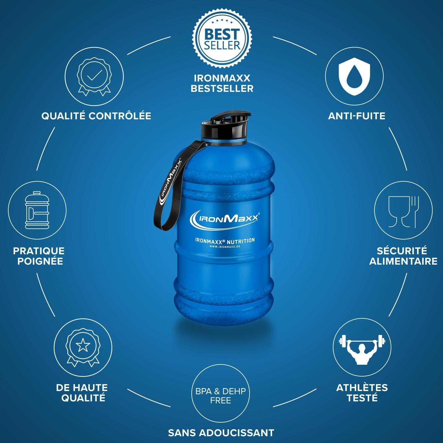 imageIronMaxx Gourde Sport Bouteille dEau Sport 22L 2200 ml Gris Gourde Sans BPA ni DEHP Water Bouteille tanche avec chelle de mesure Bottle Grande Capacit dHydratationBleu Givr